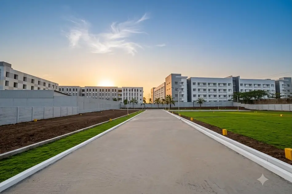 Completed internal concrete road with kerbing, street lighting and landscaping