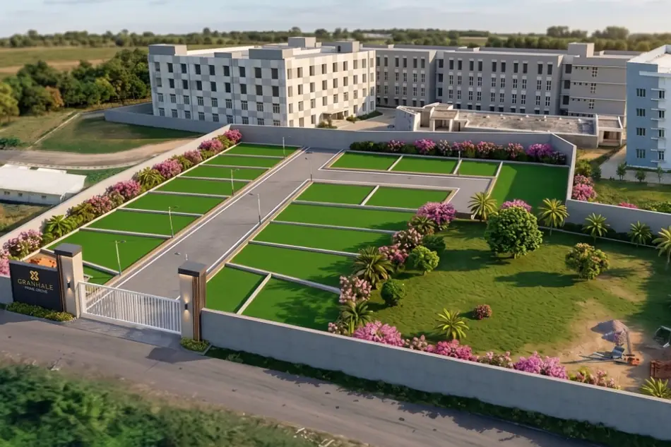 Aerial view of the plotted layout, compound wall and landscaped open space