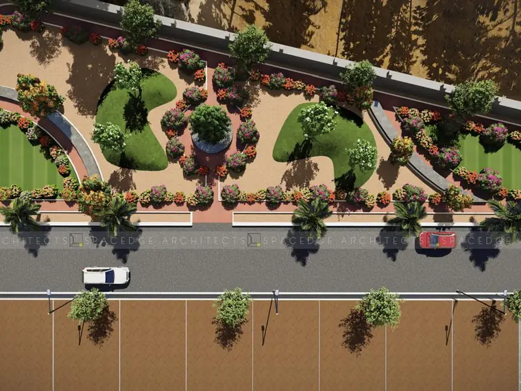 One of the three themed parks, with lawns, flowering beds and walking paths