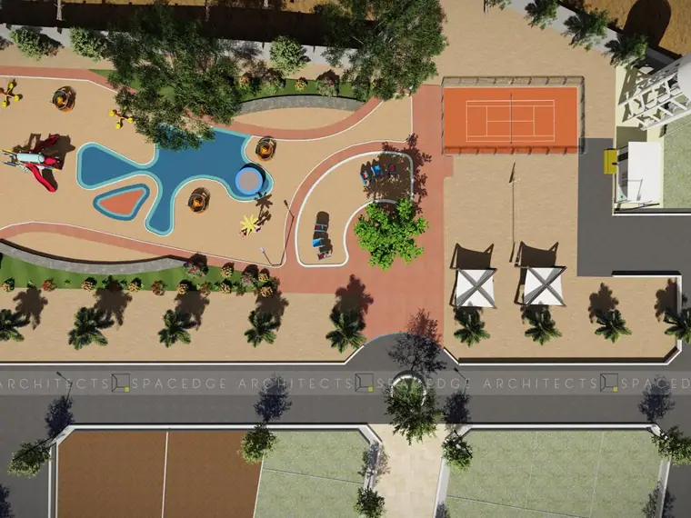 Children's play area and sports court within the community