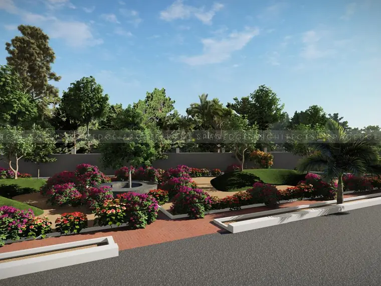 Landscaped street edge with planting beds and kerbing